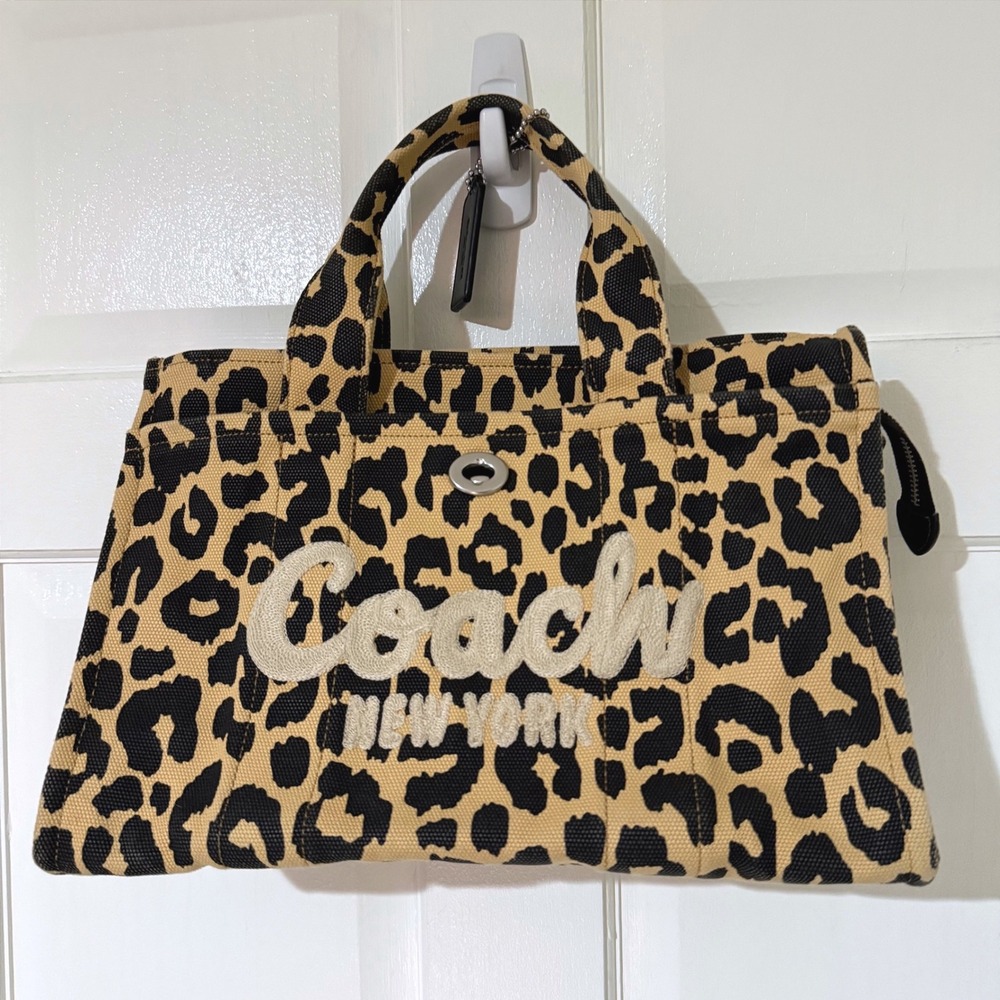 Coach Leopard Print Canvas Tote Bag Embroidered Logo CP770 Tan Black